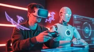 A futuristic gamer using AI-enhanced VR technology with a humanoid robot in a digital gaming environment.