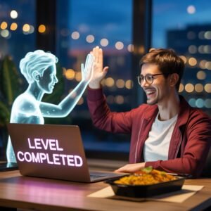 Game developer celebrating success with AI tools 