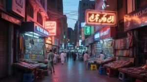 AI-generated cyberpunk Karachi game environment concept